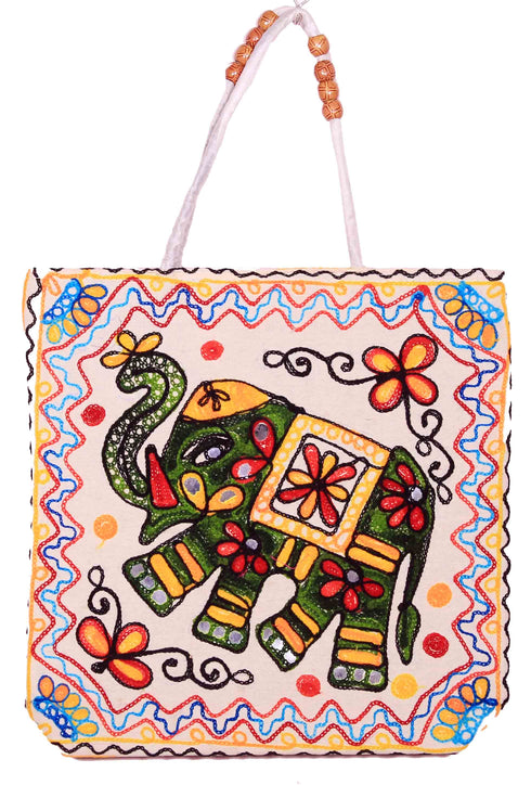 White Multi Color  Elephant Hand Made Shoulder Bag